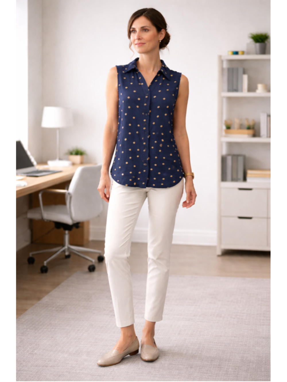 Adrianna Papell Medium Sleeveless Blouse Navy Polka Dot Office Top Workwear